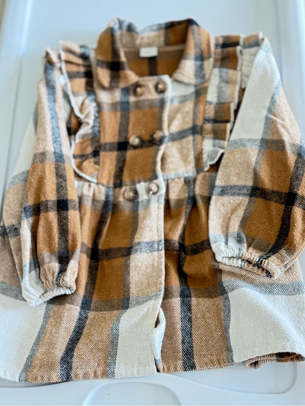 Plaid Double-Breasted Ruffle Coat - Brown & Cream